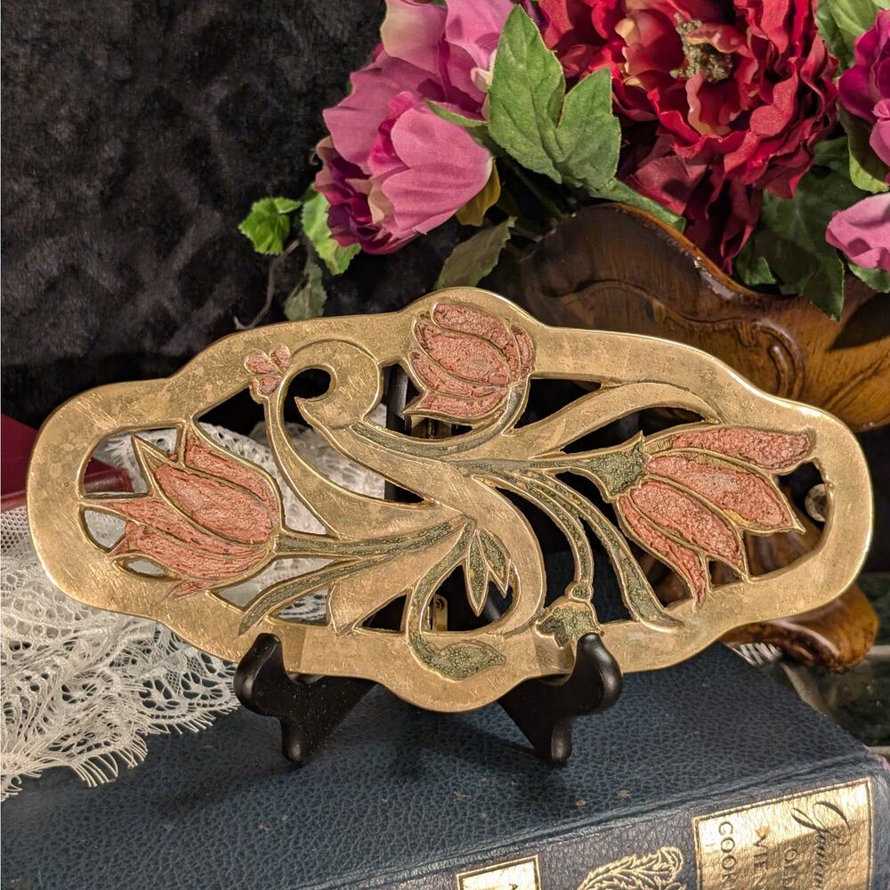 Solid Brass Mid Century Vintage Pink Tulip Decorative Floral Oval Trivet w/ Feet